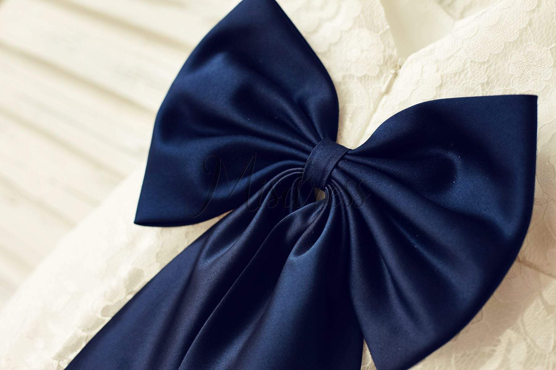Deep V Back Ivory Lace Flower Girl Dress with navy blue bow - Flower Girl Dresses