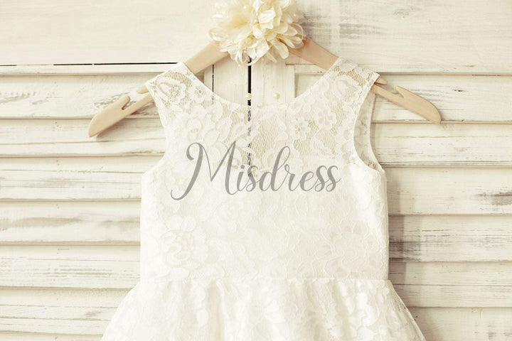 A-line Deep V Back Ivory Lace Flower Girl Dress, Navy Blue