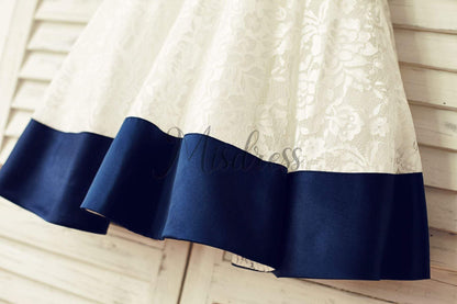 Deep V Back Ivory Lace Flower Girl Dress with navy blue bow - Flower Girl Dresses