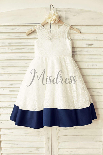 Deep V Back Ivory Lace Flower Girl Dress with navy blue bow - Flower Girl Dresses