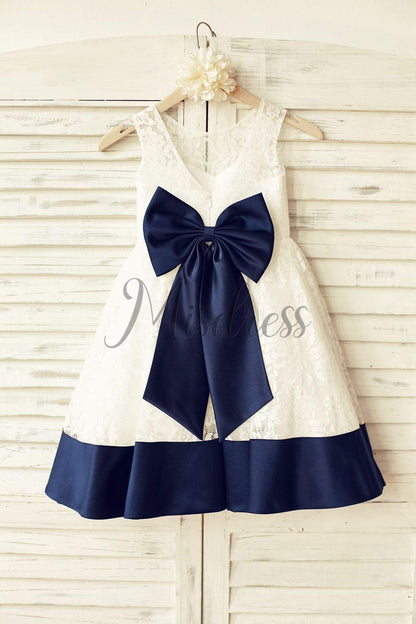 Deep V Back Ivory Lace Flower Girl Dress with navy blue bow - Flower Girl Dresses
