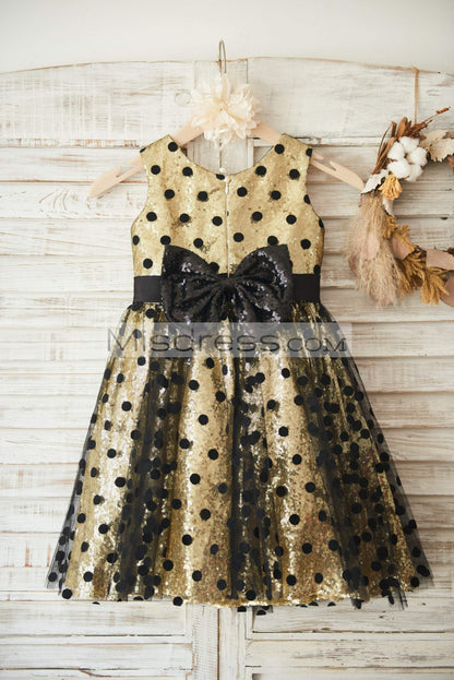 Gold Sequin Black Polka Dot Tulle Wedding Flower Girl Dress with Big Bow - Flower Girl Dresses