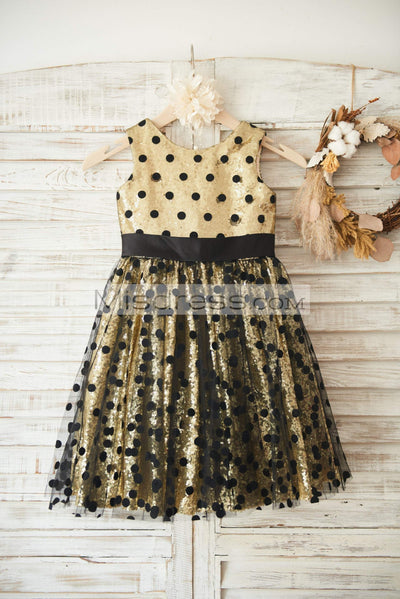 Gold Sequin Black Polka Dot Tulle Wedding Flower Girl Dress with Big Bow - Flower Girl Dresses