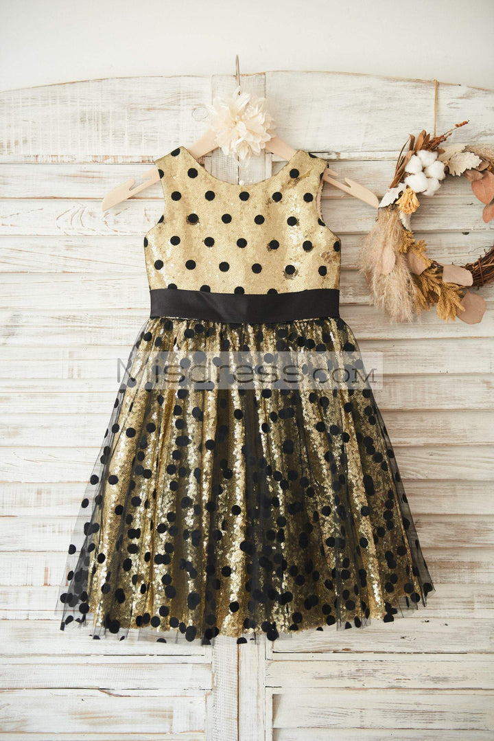Gold Sequin Black Polka Dot Tulle Wedding Flower Girl Dress with Big Bow - Flower Girl Dresses