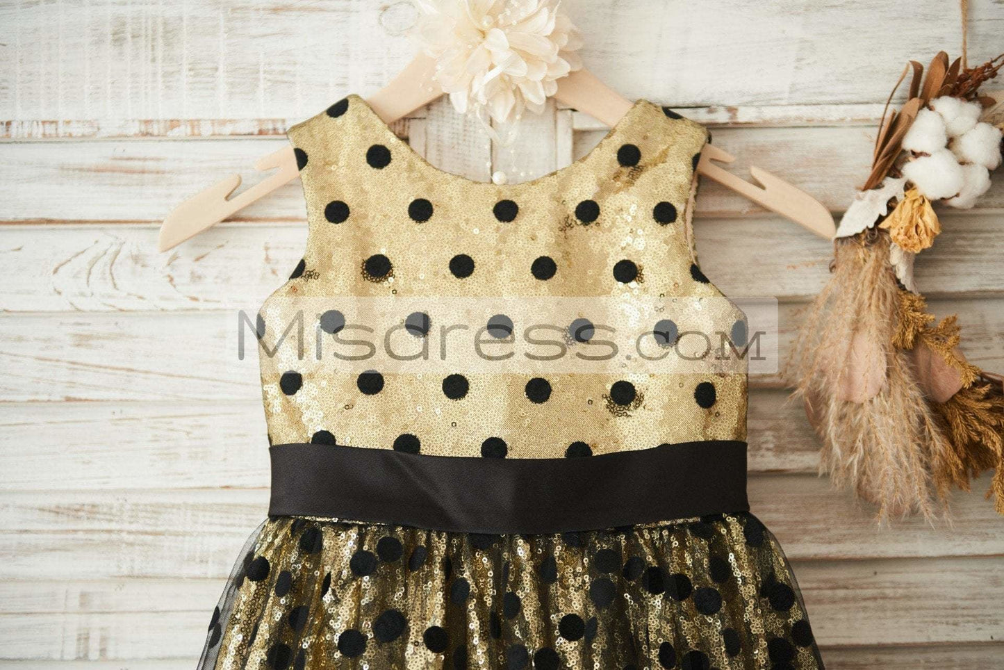 Gold Sequin Black Polka Dot Tulle Wedding Flower Girl Dress with Big Bow - Flower Girl Dresses