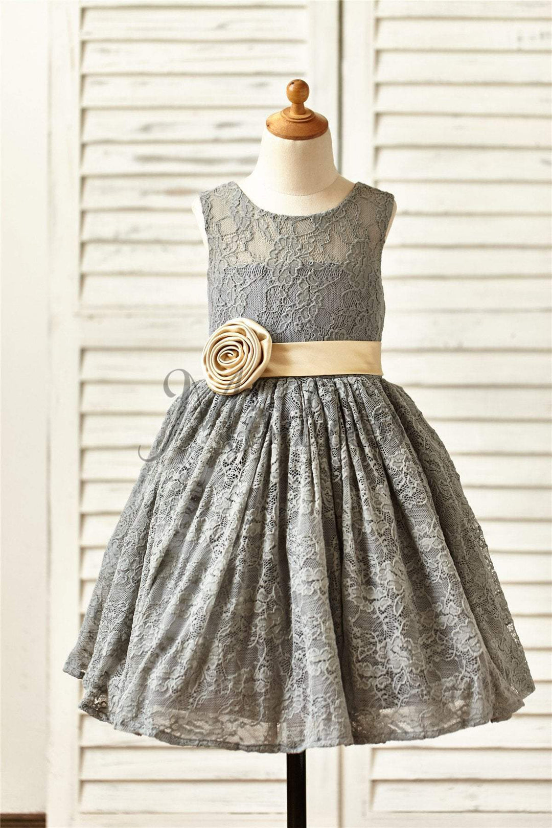 A-line Gray Lace Knee Length Flower Girl Dress, Champagne Belt 10T --- Chest = 29 inches/Waist = 28 inches/ Hollow to Knee = 30.5 inches A-line Gray Lace Knee Length Flower Girl Dress, Champagne Belt 10T --- Chest = 29 inches/Waist = 28 inches/ Hollow to Knee = 30.5 inches