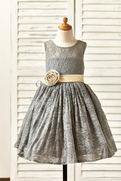 Grey Lace Flower Girl Dress with champagne sash - Flower Girl Dresses
