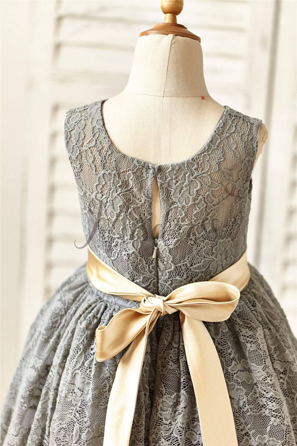 Grey Lace Flower Girl Dress with champagne sash - Flower Girl Dresses