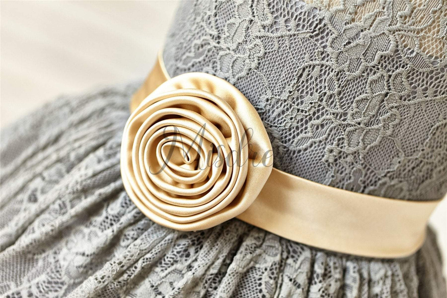 Grey Lace Flower Girl Dress with champagne sash - Flower Girl Dresses