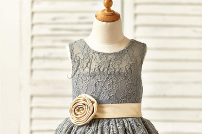 Grey Lace Flower Girl Dress with champagne sash - Flower Girl Dresses