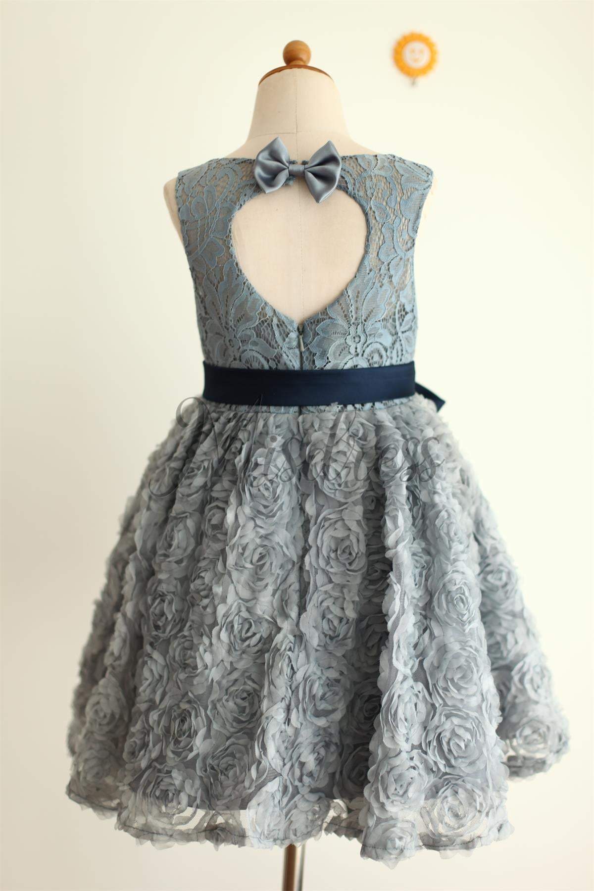 Gray Lace Rosette Keyhole Back Flower Girl Dress - Flower Girl Dresses