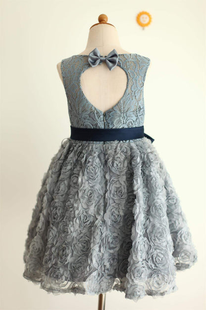 Gray Lace Rosette Keyhole Back Flower Girl Dress - Flower Girl Dresses