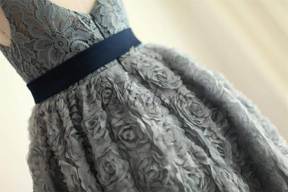 Gray Lace Rosette Keyhole Back Flower Girl Dress - Flower Girl Dresses