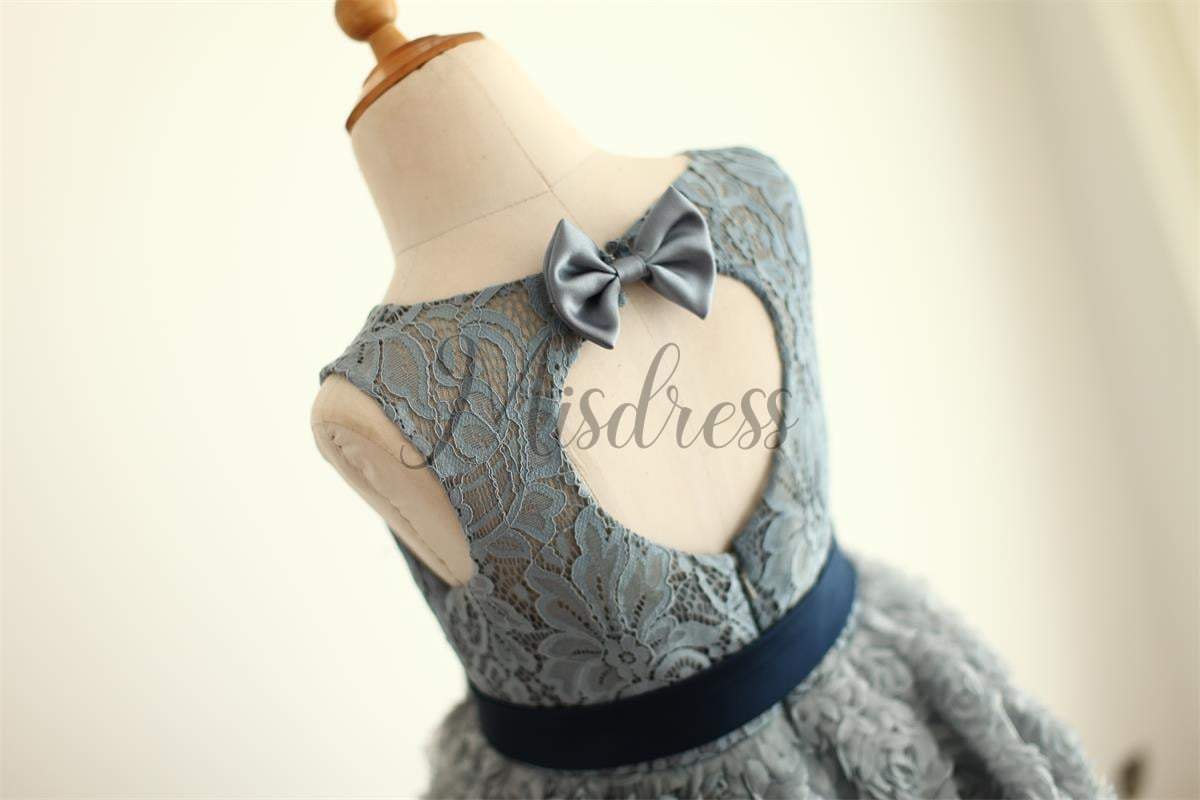 Gray Lace Rosette Keyhole Back Flower Girl Dress - Flower Girl Dresses