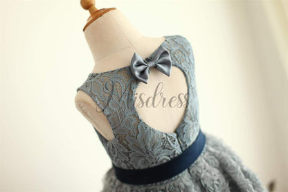 Gray Lace Rosette Keyhole Back Flower Girl Dress - Flower Girl Dresses
