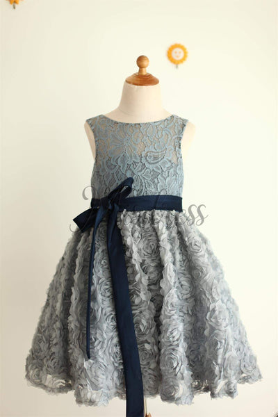Gray Lace Rosette Keyhole Back Flower Girl Dress - Flower Girl Dresses