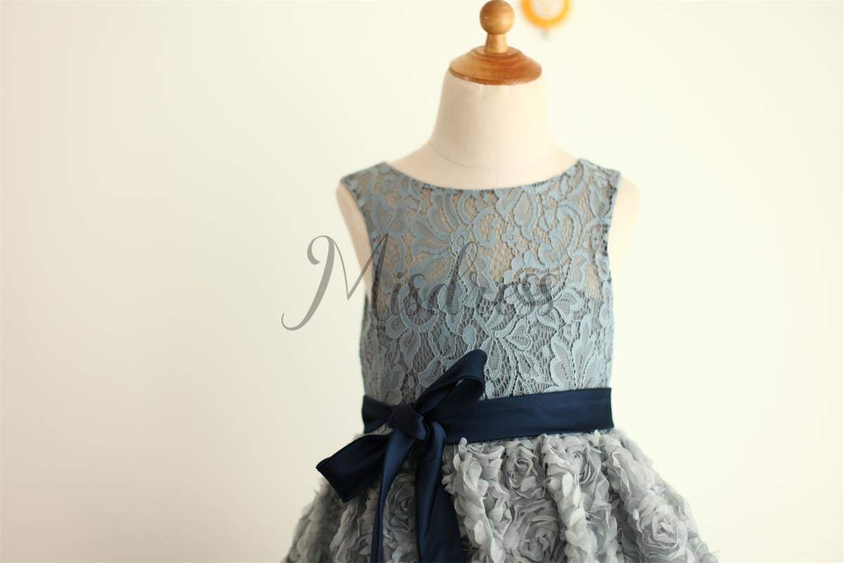 Gray Lace Rosette Keyhole Back Flower Girl Dress - Flower Girl Dresses