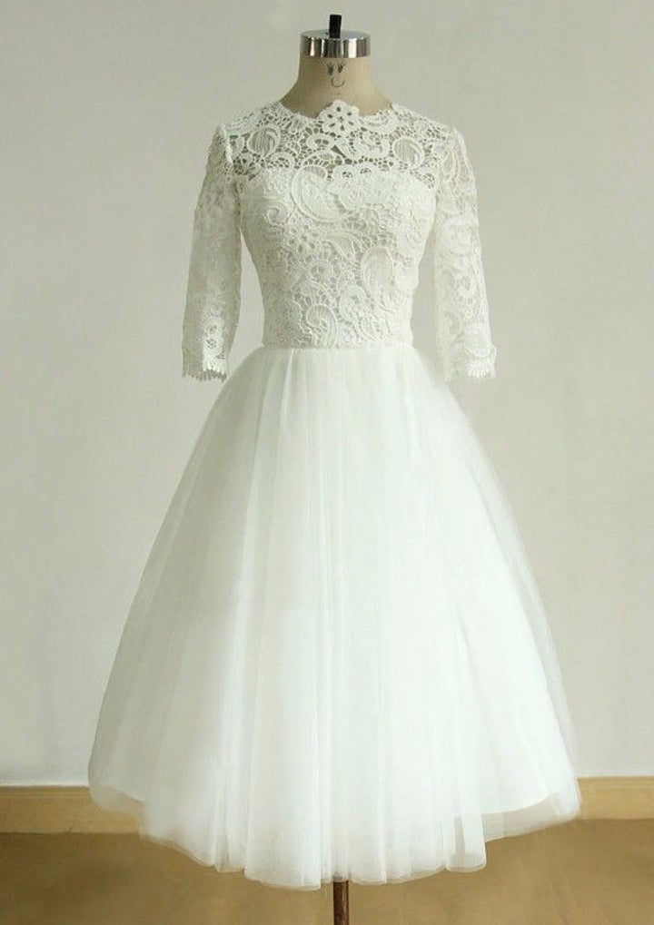 A-line Half Sleeve Tea-Length Lace Pleats Tulle Bridal 