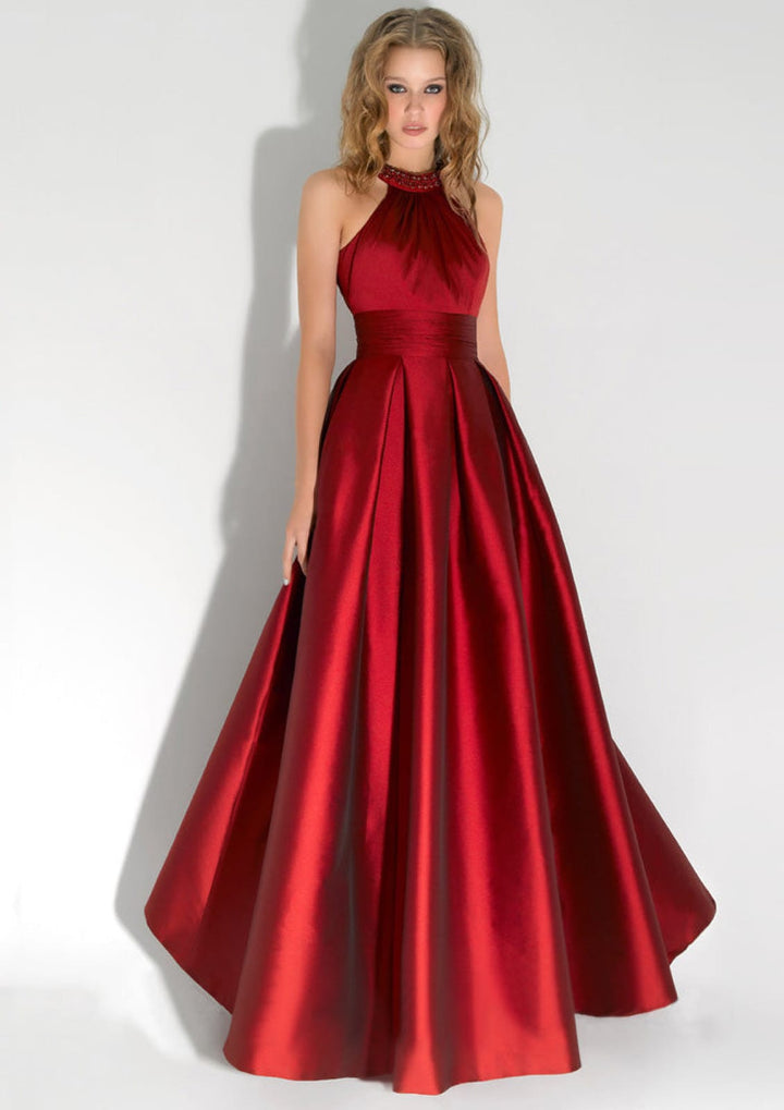 A-line High-Neck Sleeveless Floor-Length Wine Red Satin Prom Dress, Pl