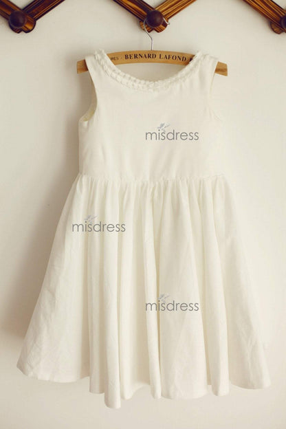 U Back Ivory Cotton Ruffle Neckline Flower Girl Dress - Flower Girl Dresses