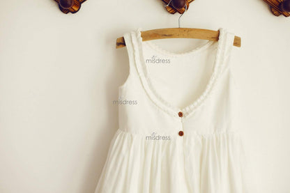 U Back Ivory Cotton Ruffle Neckline Flower Girl Dress - Flower Girl Dresses