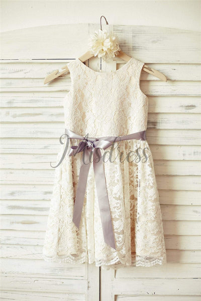 Ivory Lace Champagne lining Flower Girl Dress with silver sash - Flower Girl Dresses