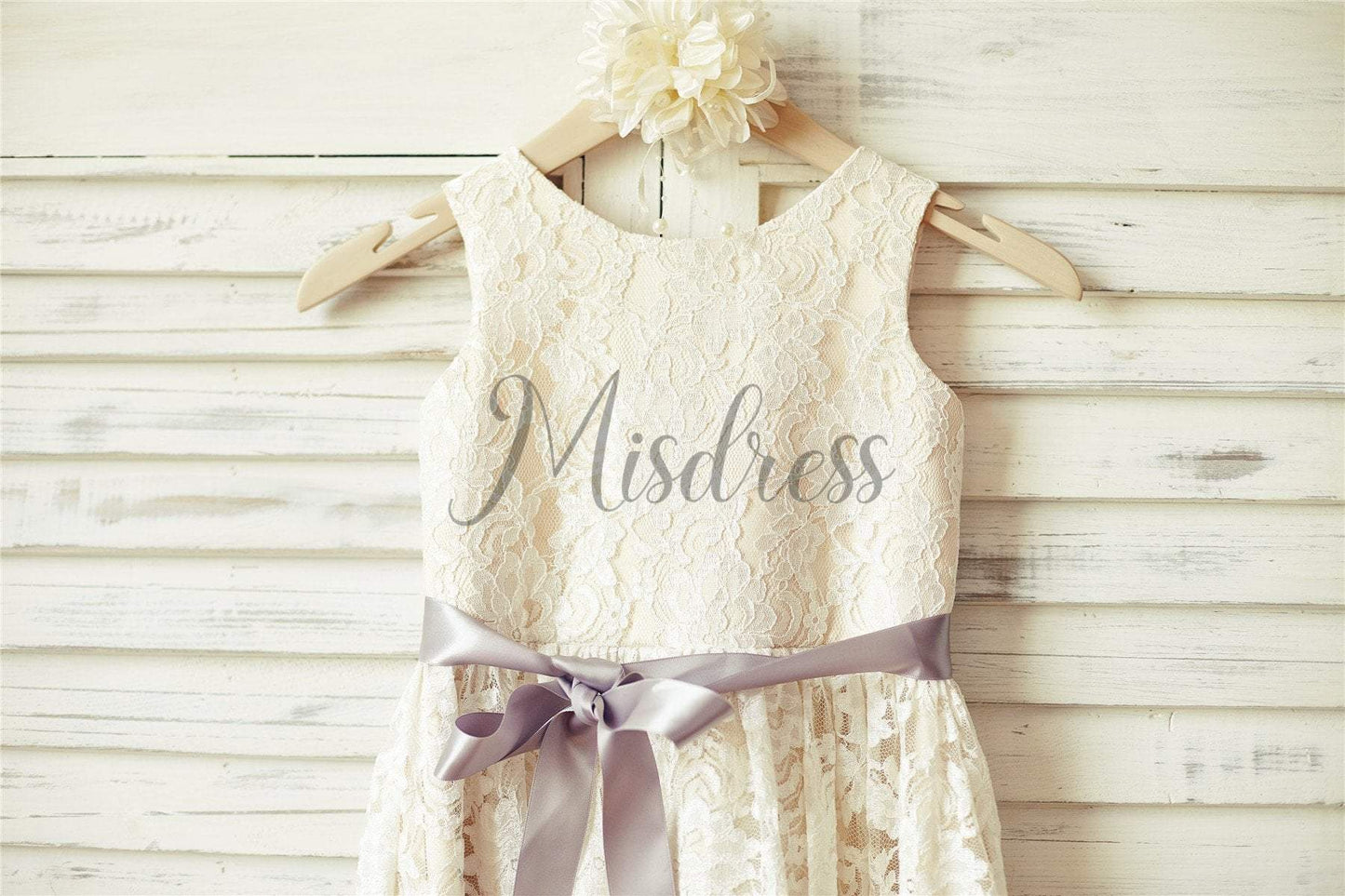 Ivory Lace Champagne lining Flower Girl Dress with silver sash - Flower Girl Dresses