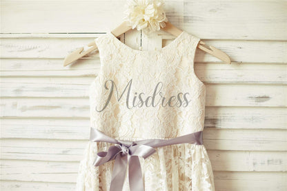 Ivory Lace Champagne lining Flower Girl Dress with silver sash - Flower Girl Dresses