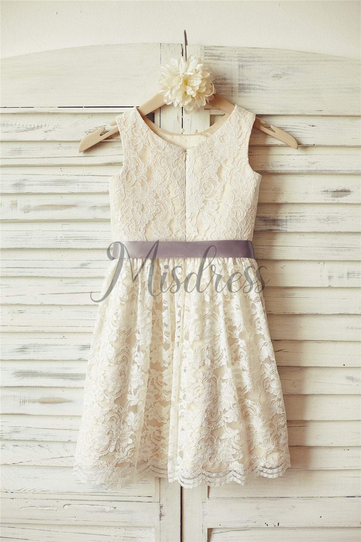 Ivory Lace Champagne lining Flower Girl Dress with silver sash - Flower Girl Dresses
