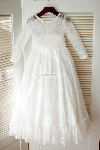 Ivory Long Lace Sleeves Wedding Flower Girl Dress with sash - Flower Girl Dresses