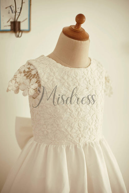 Ivory Lace Cotton Cap Sleeves Wedding Flower Girl Dress with Bow - Flower Girl Dresses