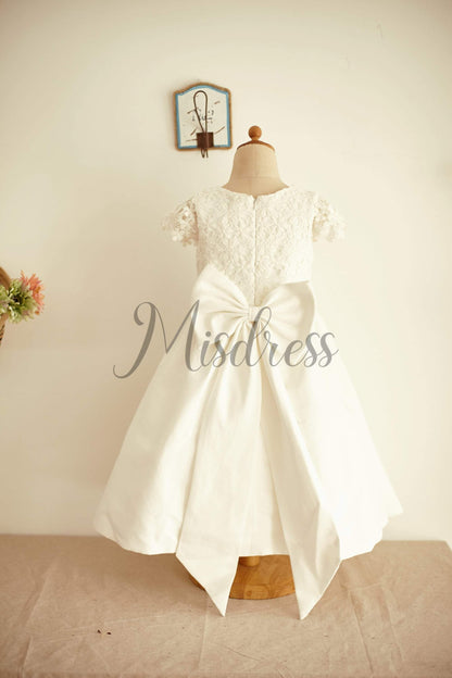 Ivory Lace Cotton Cap Sleeves Wedding Flower Girl Dress with Bow - Flower Girl Dresses