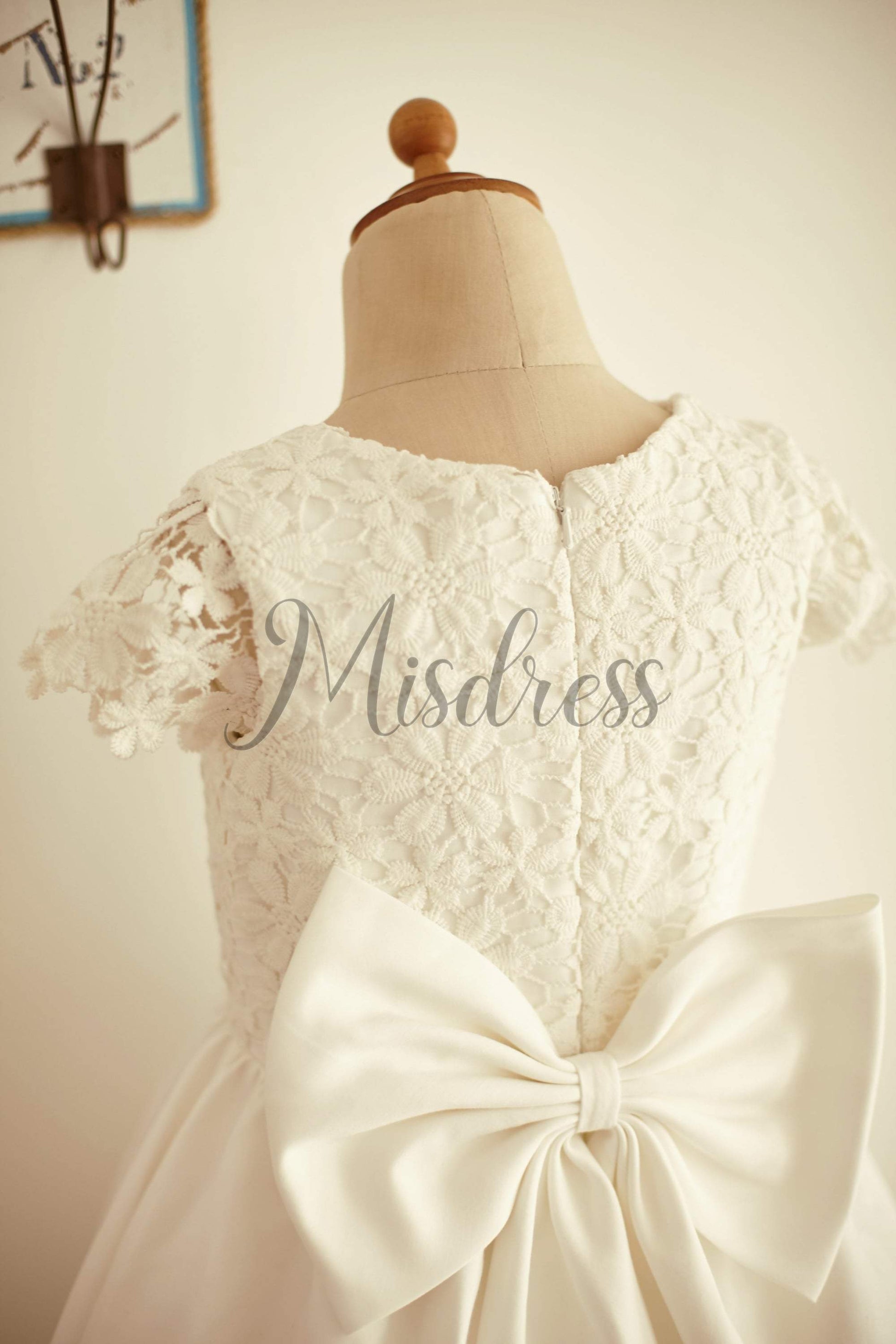 Ivory Lace Cotton Cap Sleeves Wedding Flower Girl Dress with Bow - Flower Girl Dresses