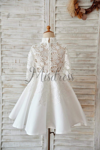 Ivory Lace Satin High Neck Long Sleeves Wedding Flower Girl Dress - Flower Girl Dresses