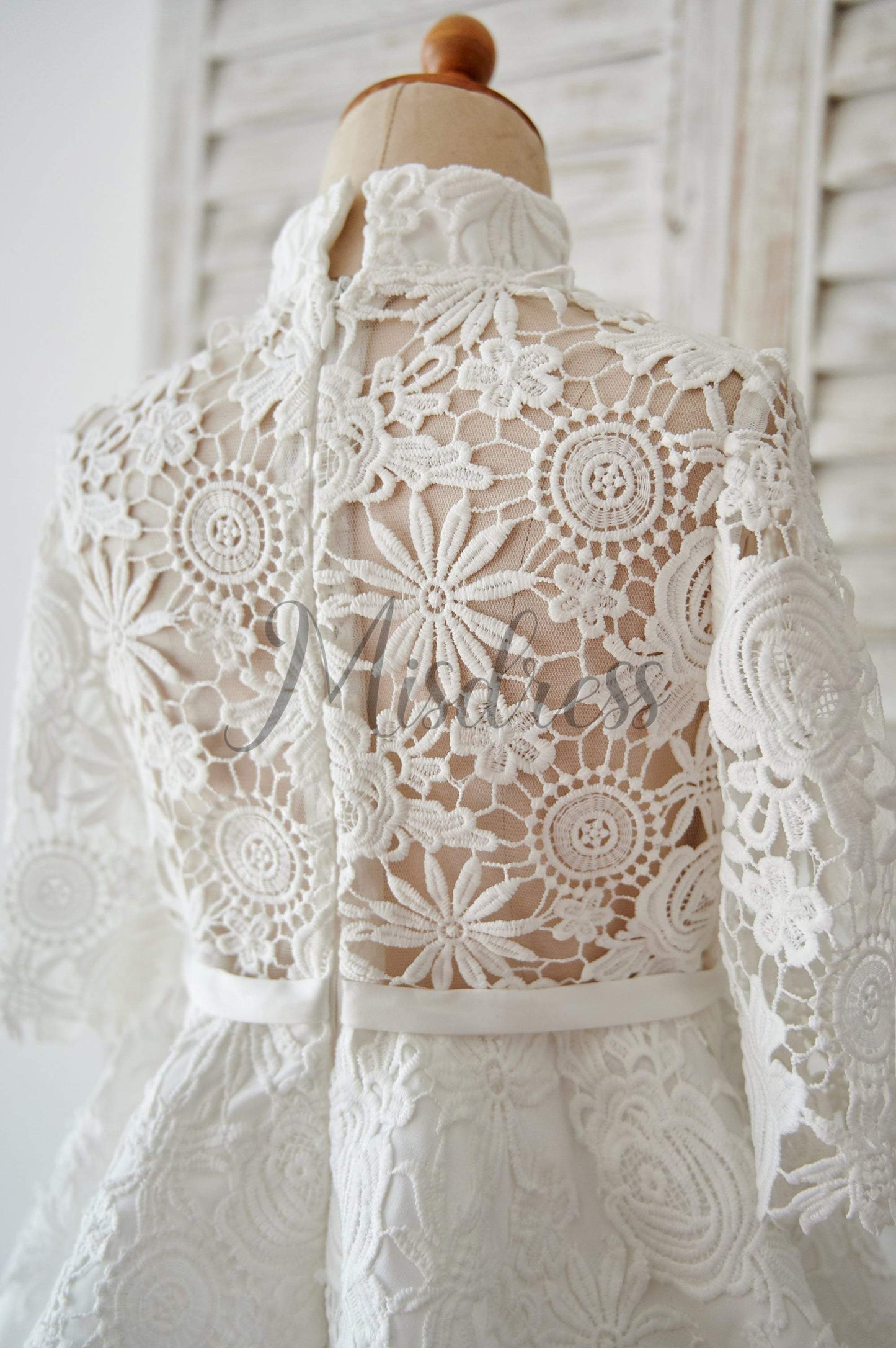 Ivory Lace Satin High Neck Long Sleeves Wedding Flower Girl Dress - Flower Girl Dresses