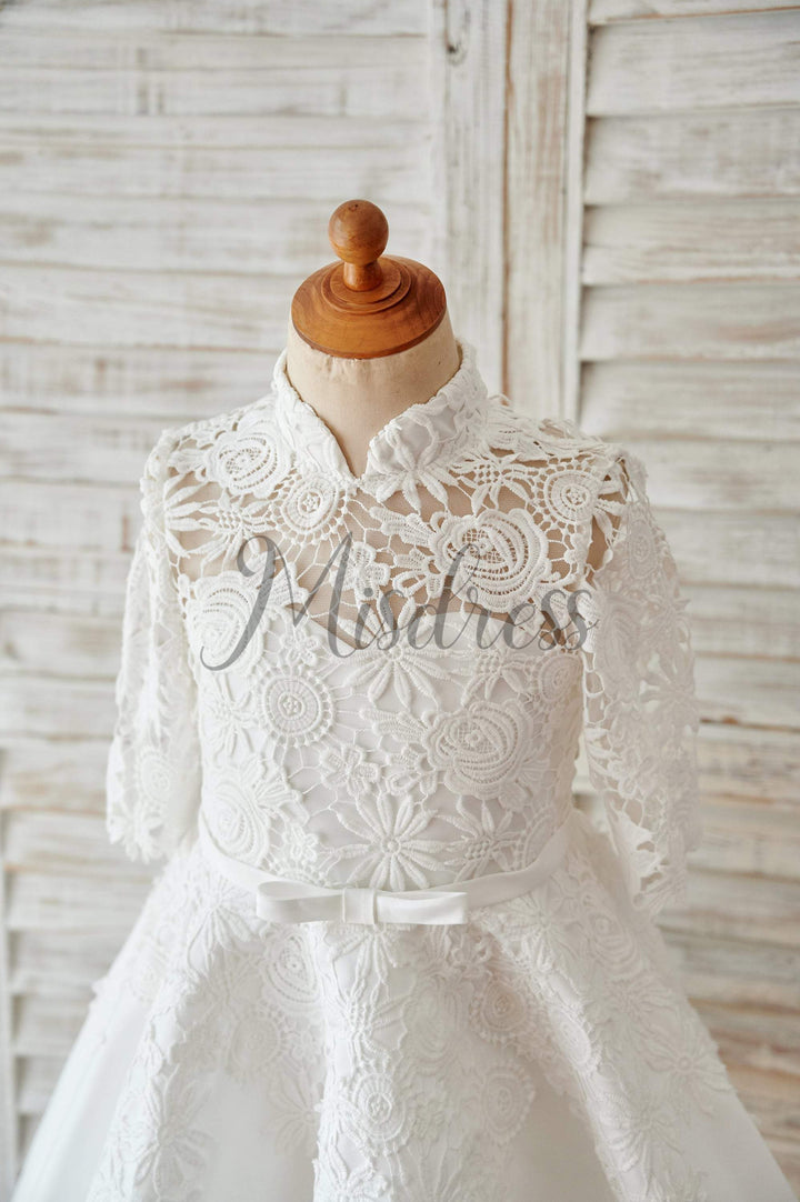 A-line Ivory Lace Satin High Neck Long Sleeves Wedding Flower Girl