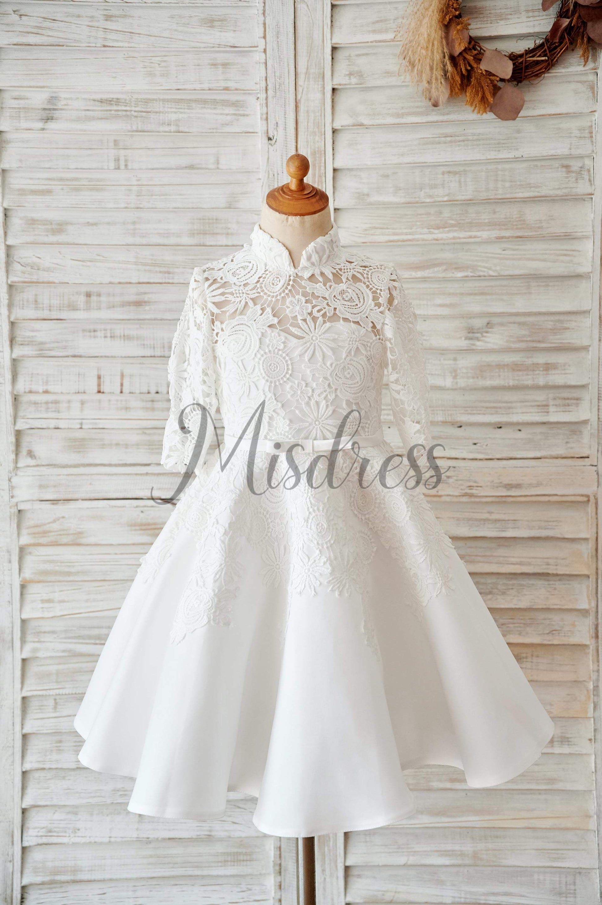 Ivory Lace Satin High Neck Long Sleeves Wedding Flower Girl Dress - Flower Girl Dresses