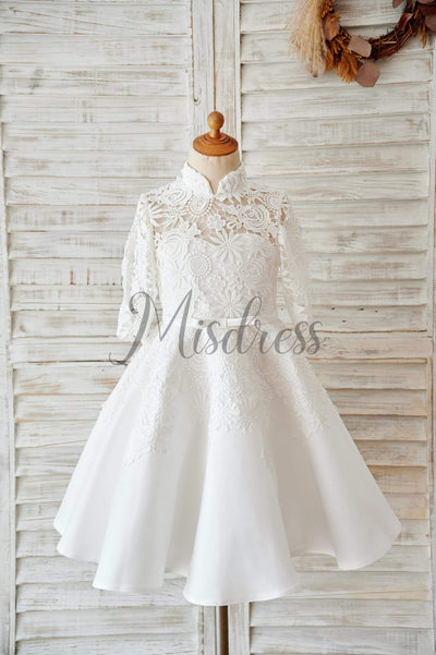 Ivory Lace Satin High Neck Long Sleeves Wedding Flower Girl Dress - Flower Girl Dresses