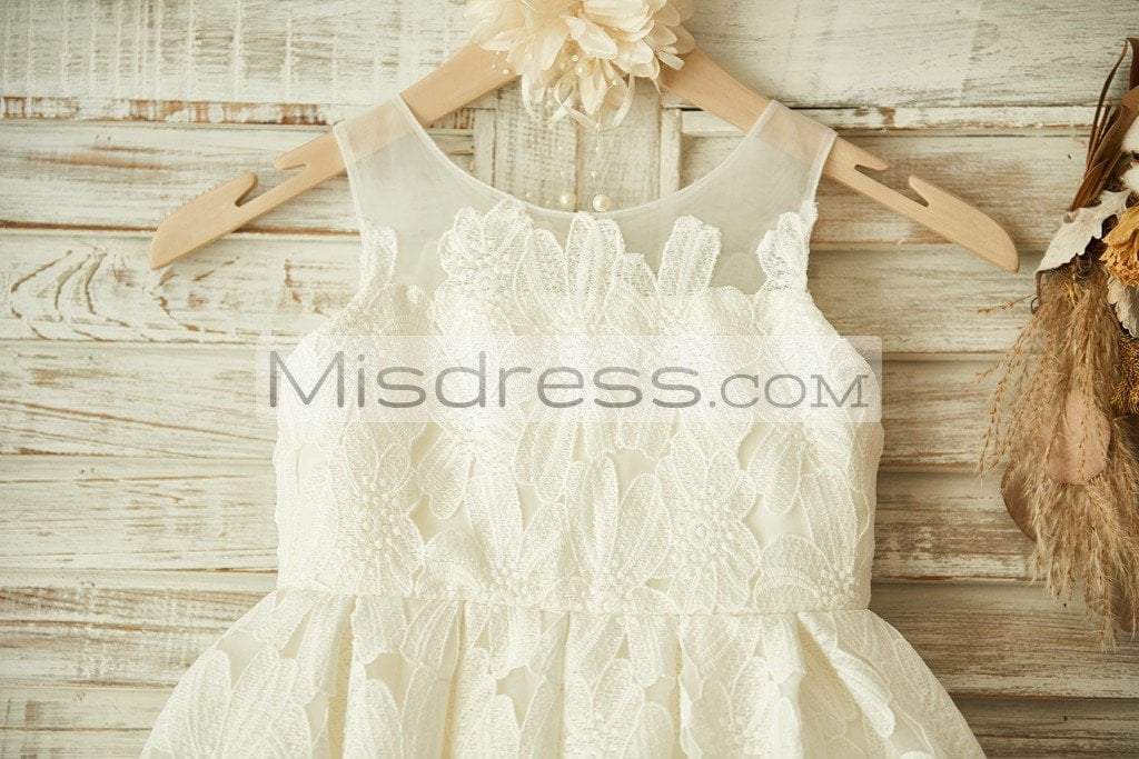 Ivory Lace Tulle Wedding Flower Girl Dress with Sheer Neck - Flower Girl Dresses