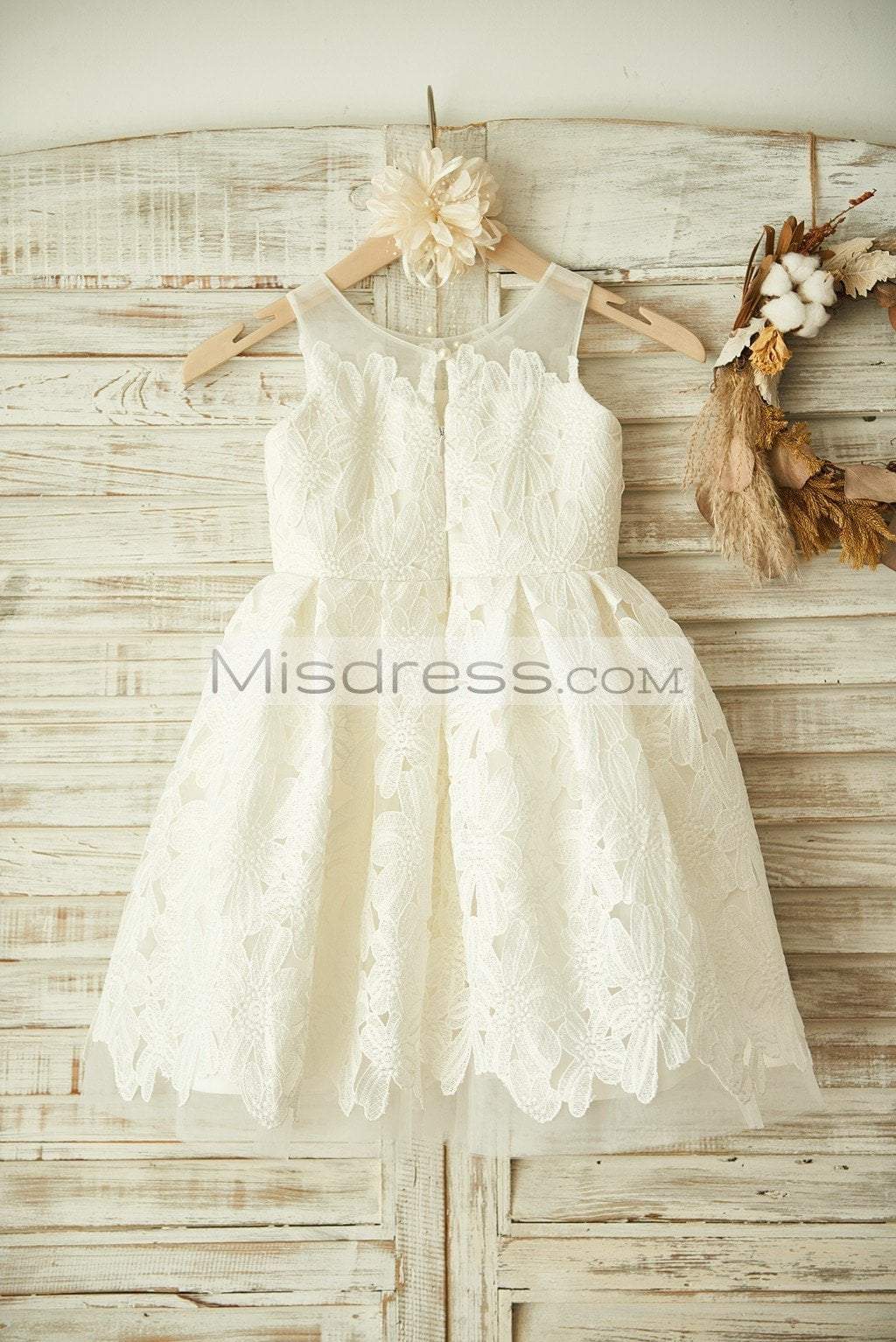 Ivory Lace Tulle Wedding Flower Girl Dress with Sheer Neck - Flower Girl Dresses