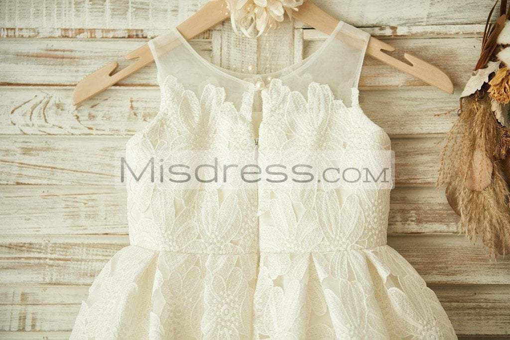 Ivory Lace Tulle Wedding Flower Girl Dress with Sheer Neck - Flower Girl Dresses