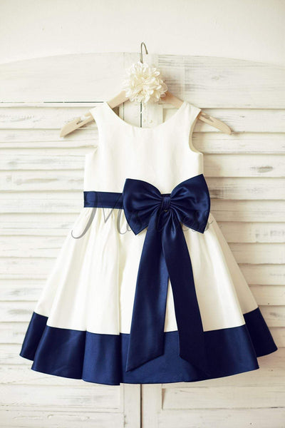 Ivory Satin Flower Girl Dress with navy blue belt / bow - Flower Girl Dresses
