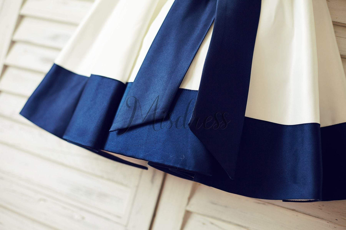Ivory Satin Flower Girl Dress with navy blue belt / bow - Flower Girl Dresses