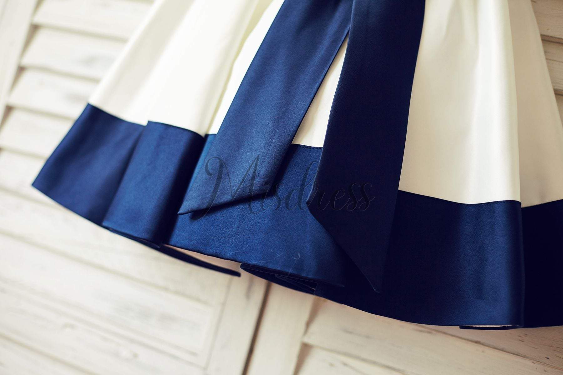 Ivory Satin Flower Girl Dress with navy blue belt / bow - Flower Girl Dresses