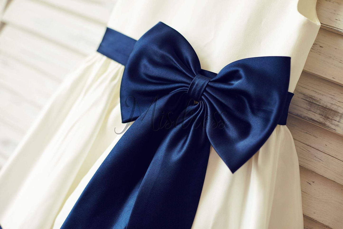 Ivory Satin Flower Girl Dress with navy blue belt / bow - Flower Girl Dresses