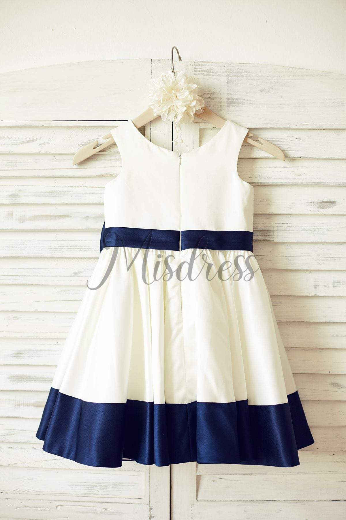 Ivory Satin Flower Girl Dress with navy blue belt / bow - Flower Girl Dresses