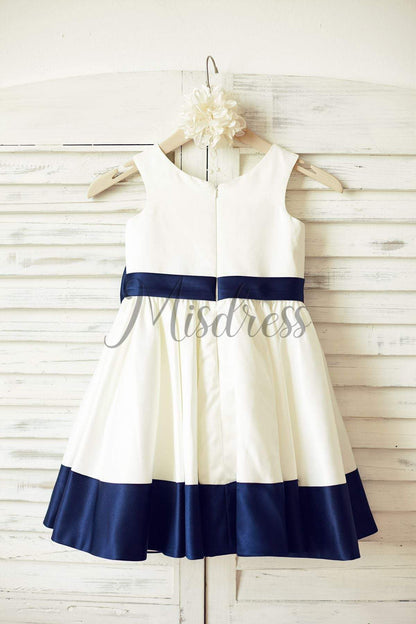 Ivory Satin Flower Girl Dress with navy blue belt / bow - Flower Girl Dresses