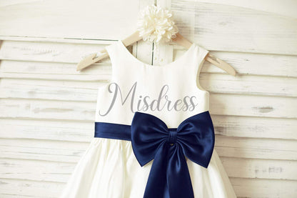 Ivory Satin Flower Girl Dress with navy blue belt / bow - Flower Girl Dresses