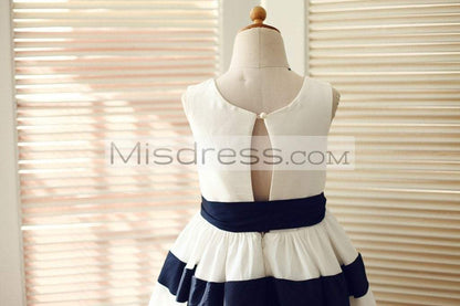 Ivory/Navy Blue Taffeta Stripe Wedding Flower Girl Dress - Flower Girl Dresses