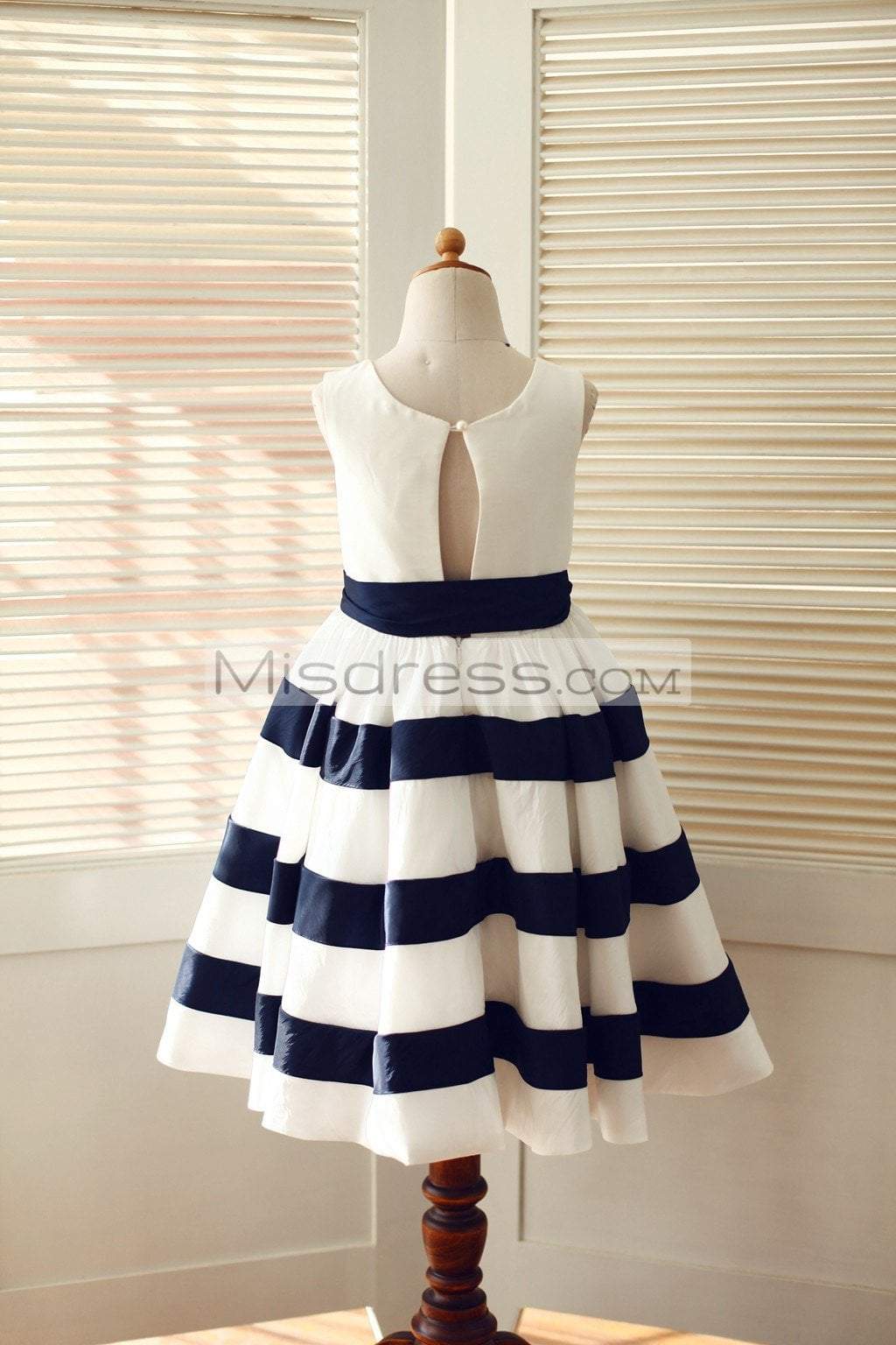 Ivory/Navy Blue Taffeta Stripe Wedding Flower Girl Dress - Flower Girl Dresses